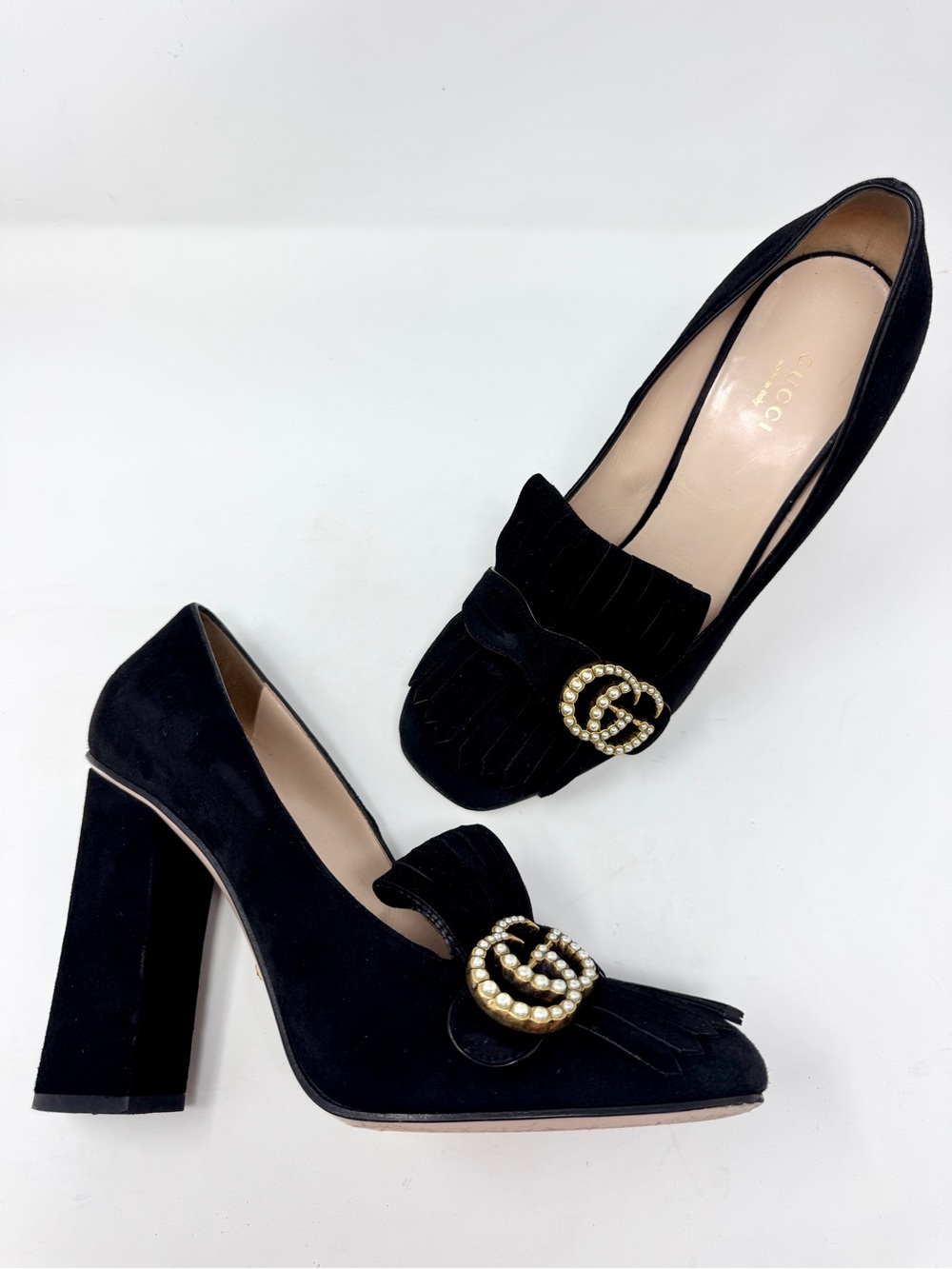 Gucci Marmont Black Suede Block Heel Pumps with Pearl GG Logo and Fringe size 40